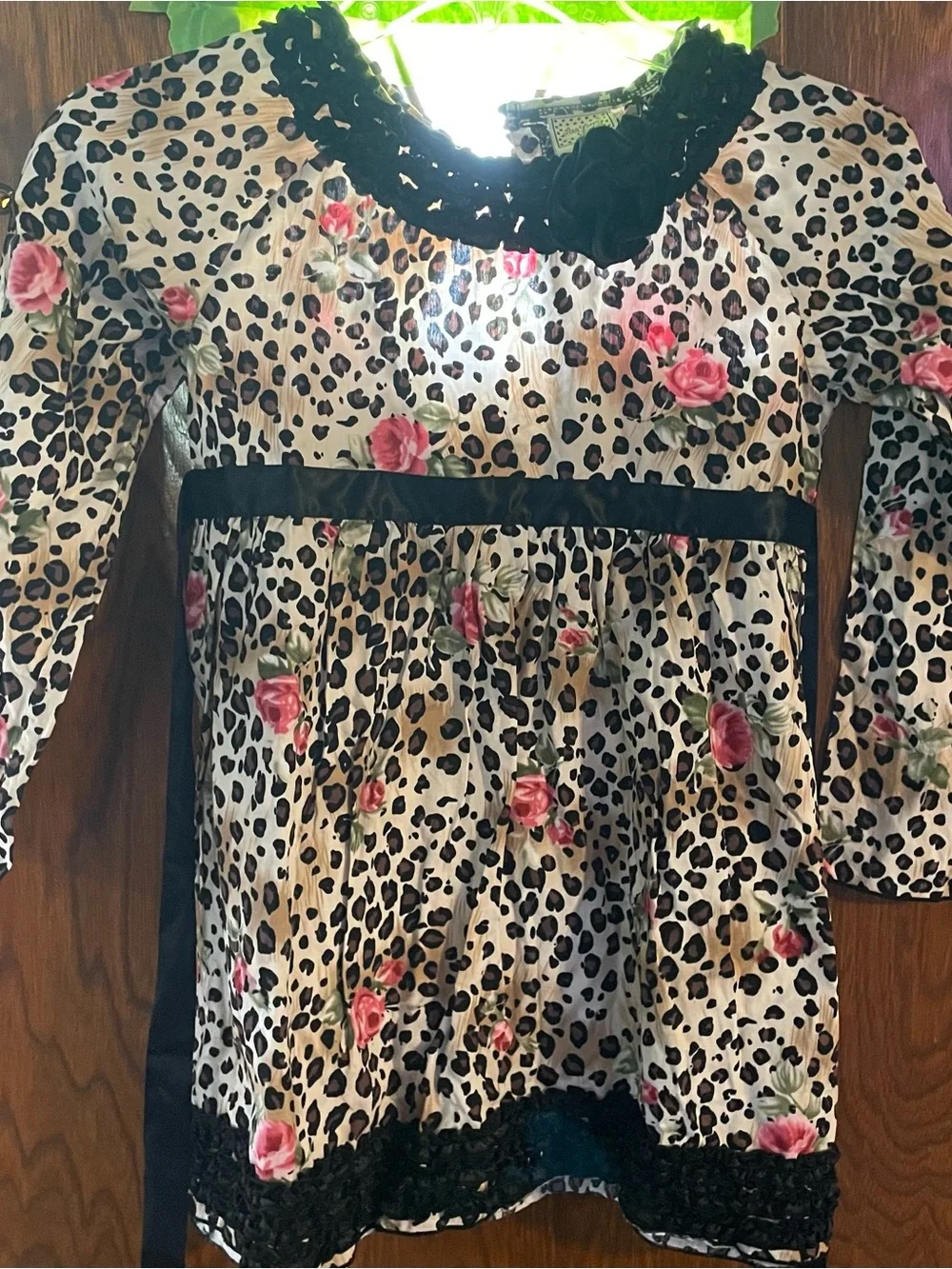 Ann Loren Leopard Print Dress with Pink Rose Accents and Black Trim